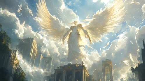 Colossal winged figure rises above clouded monumental city