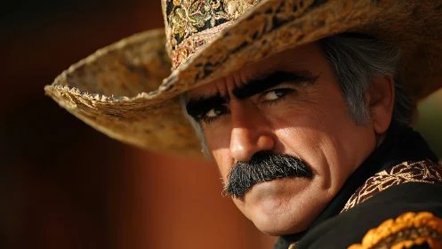 Close-up portrait of charro in embroidered sombrero, side light