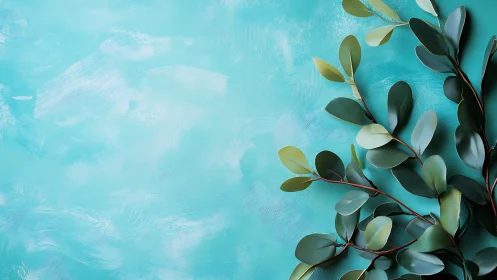 Eucalyptus stems on turquoise textured acrylic background.
