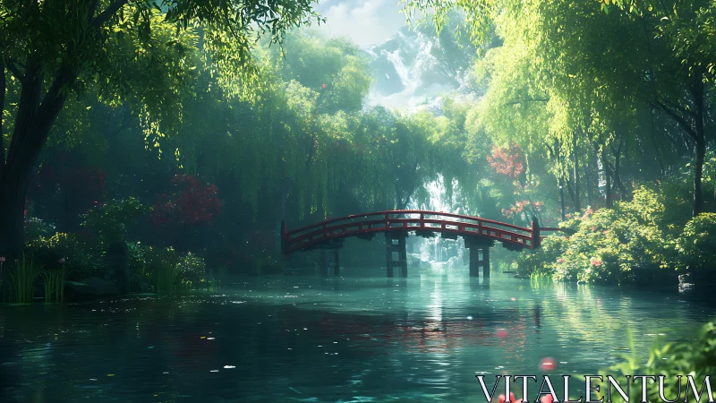 Radiant red bridge spans reflective pond under volumetric forest light