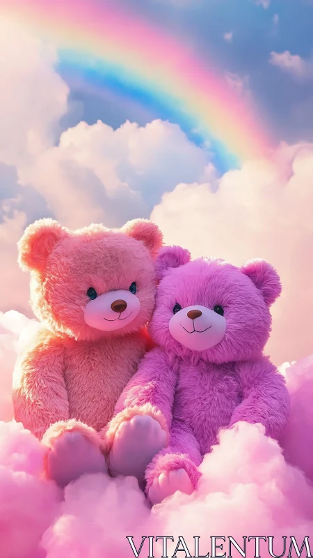 Rainbow-snuggled teddy duo drifting on cotton candy clouds.