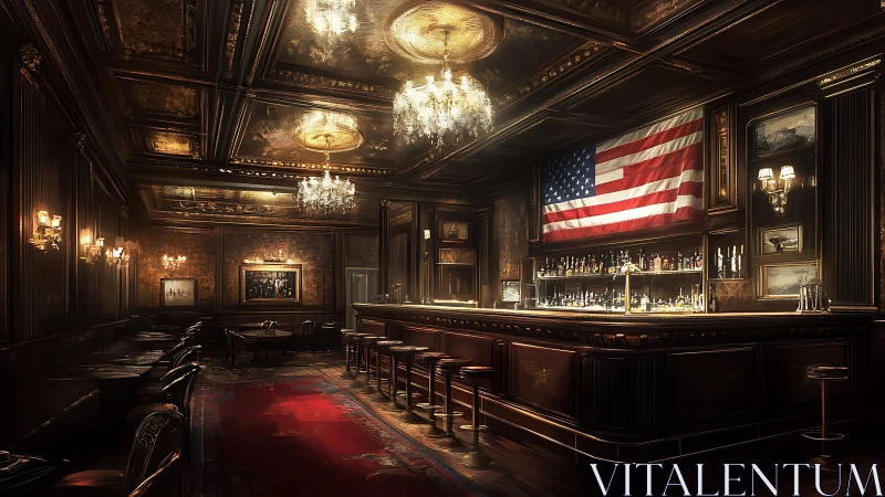 Neoclassical Establishment Interior with Patriotic Emblematic Display.