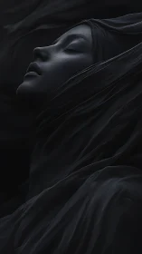 Shrouded female profile drifts through dark flowing fabric