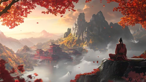 Meditating wanderer lets scarlet mountains breathe in silence