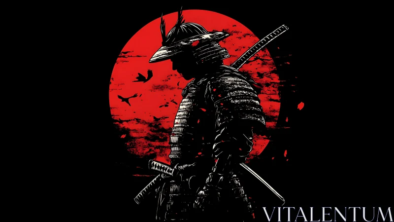 Samurai silhouette before blood-red grunge sun background.