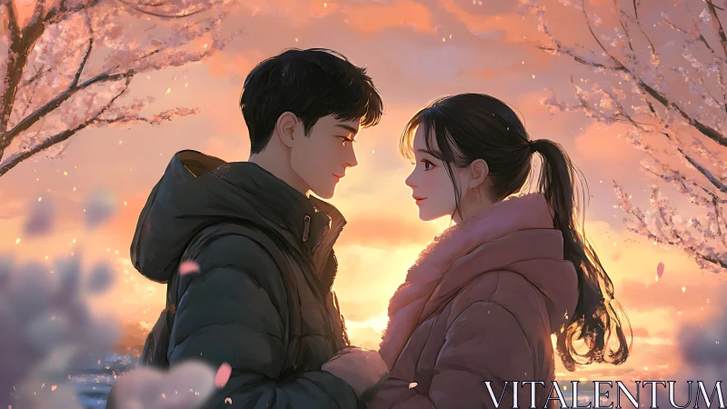 Two figures face each other under blooming cherry blossoms