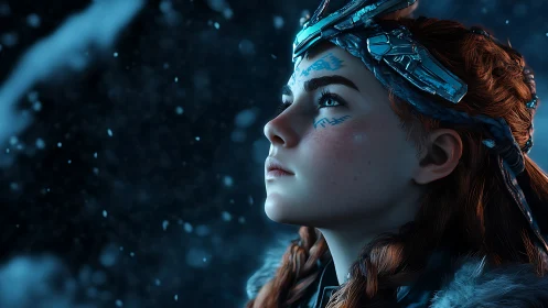 Rendered female character looks upward in falling snow