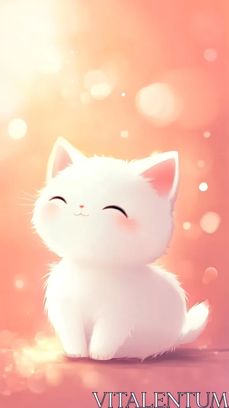 Soft White Cat with Closed Eyes in Warm Pink Bokeh.