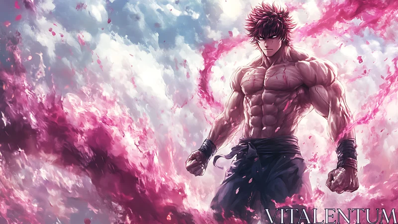 Muscular anime warrior commands swirling pink energy storm