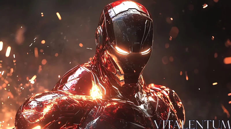 Luminous molten red combat exosuit with reflective alloy shell