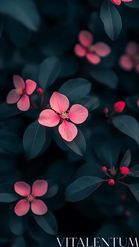 Pink Flowers with Dark Foliage in Selective Focus Photography.