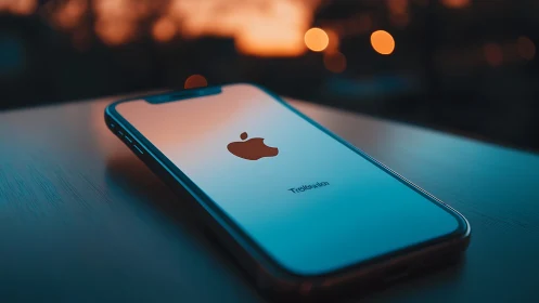 Apple iPhone illuminated by golden bokeh at twilight.
