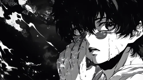 Monochrome anime portrait of wet figure with streaked tears.