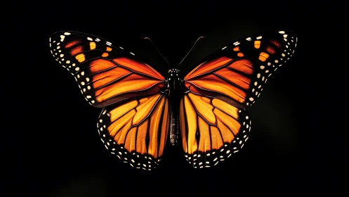 Midnight monarch spreading ember-bright stained-glass wings.