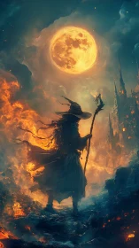 Lone wanderer wizard greets a blazing moon above ruins