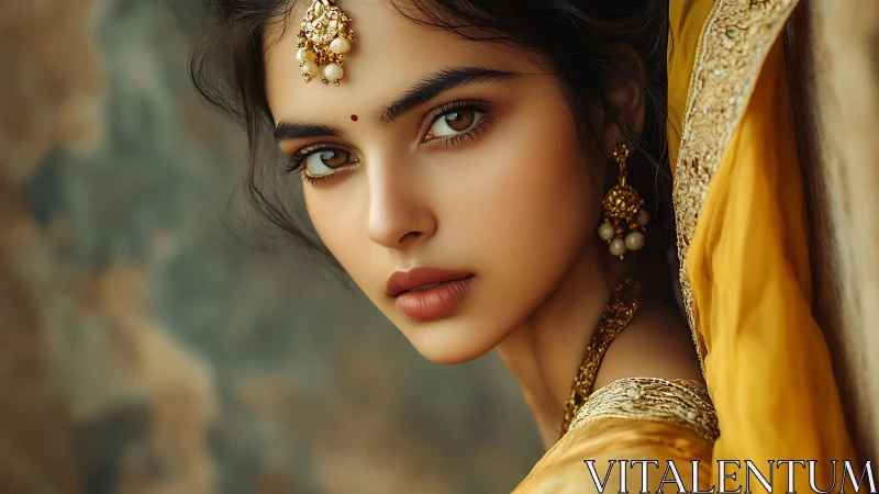 Elegant woman in golden traditional attire gazes softly.