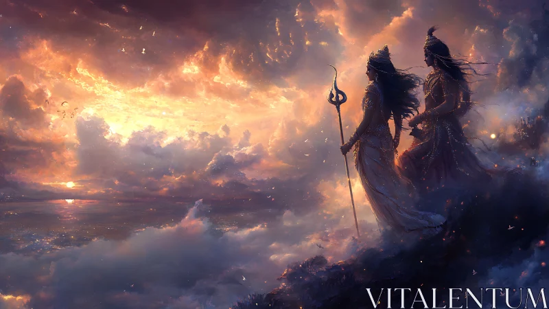 Two robed figures stand above clouds facing a burning sky