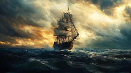 Triple-masted sailing vessel cutting storm-torqued swell seas.