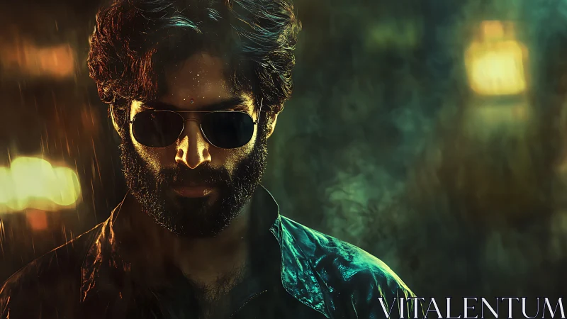 Brooding man in rain-soaked neon bokeh with hard rim lighting.