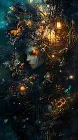 Mechanical nature goddess amid glowing steampunk forms.