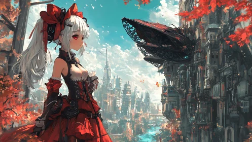Crimson-clad anime girl overlooks sprawling sky cityscape.