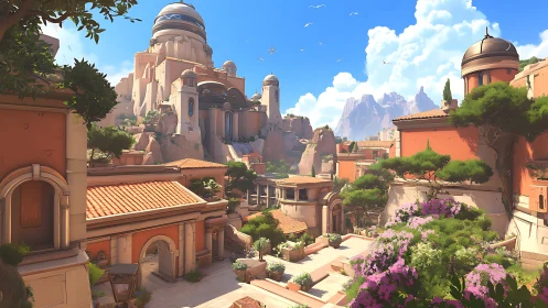 Sunlit cliffside citadel rises above terracotta terraces.