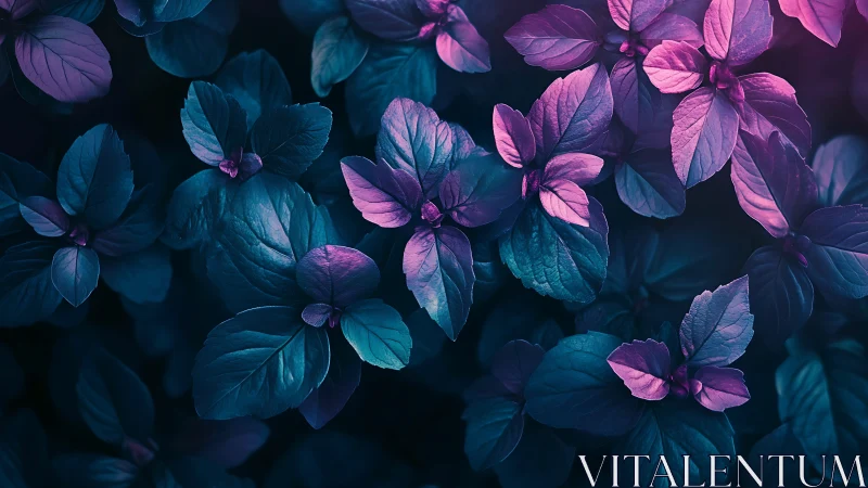 Midnight neon leaves bloom in electric teal and violet hush.