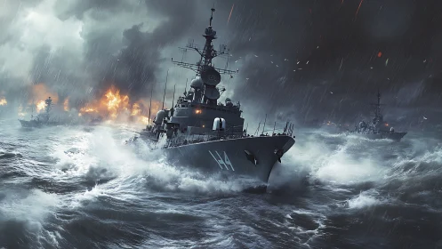 Warship armada in storm-tossed cinematic naval engagement.