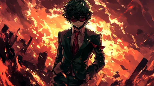 Masked suited character over burning city skyline at dusk.