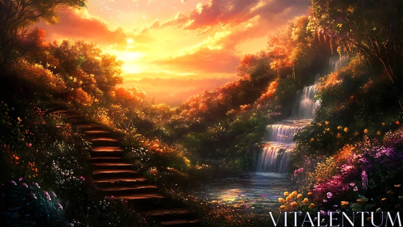 Sunset stairway drifts beside a shimmering tiered waterfall