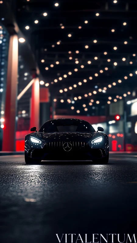Midnight city drive with a sleek black sports car glow.