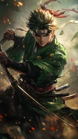 Green-clad anime swordsman in dynamic battle stance.