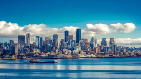 Sunlit waterfront skyline under playful drifting clouds.