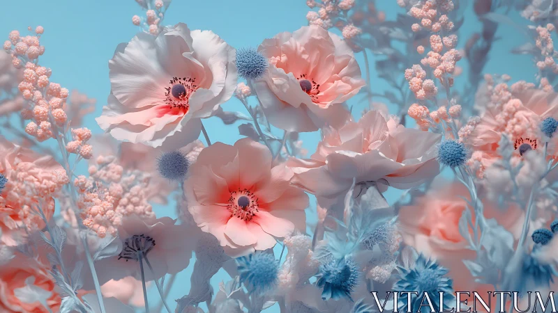 Soft pastel flower field under clear blue sky glow.