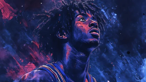 Electric portrait of focused basketball player in neon hues.