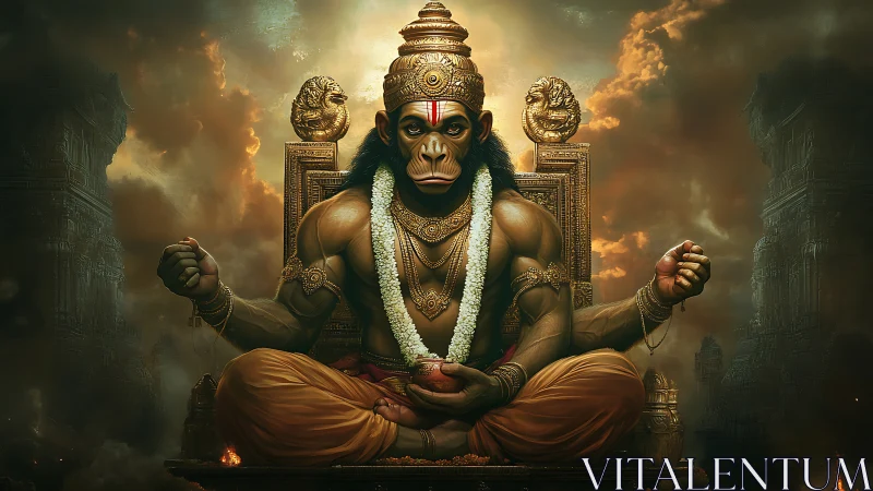 Majestic monkey deity sits enthroned amid divine storm clouds.