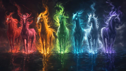 Elemental spectral horses blaze across a mirrored twilight sea.