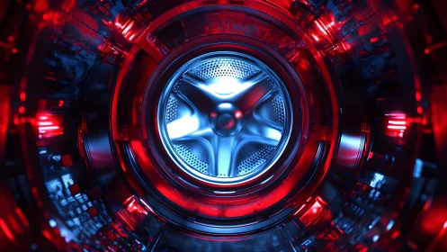 Futuristic Metallic Engine Core with Red and Blue Neon Lighting.