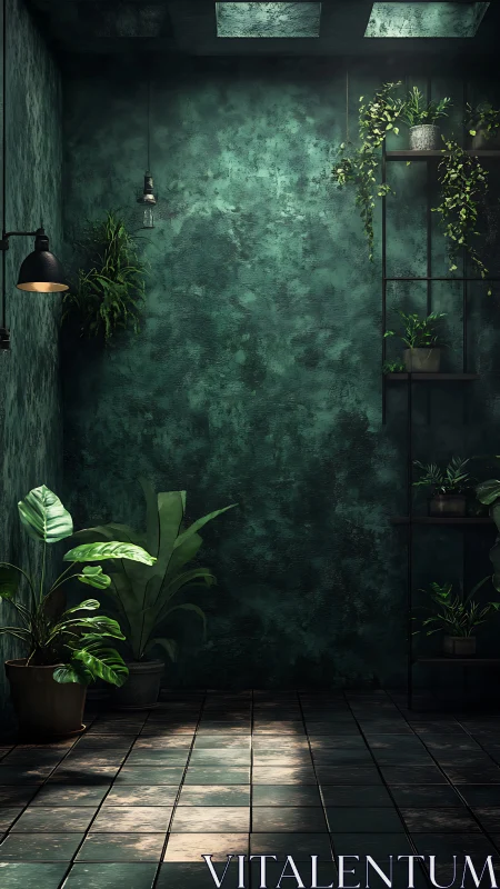 Moody indoor garden corner under skylight glow.