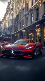 Red hypercar accelerates through urban boulevard with motion blur