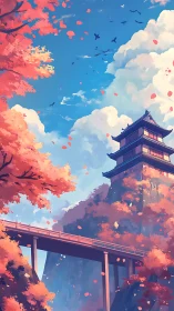 Pagoda on cliff above bridge in stylised autumn landscape.