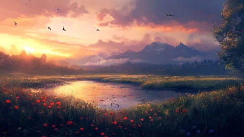 Sunlit alpine marshland with glowing wildflower foreground.