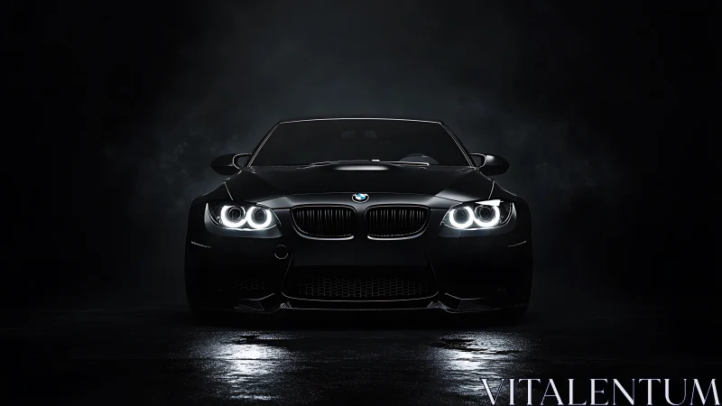 Black BMW sports car front view with bright LED headlights.