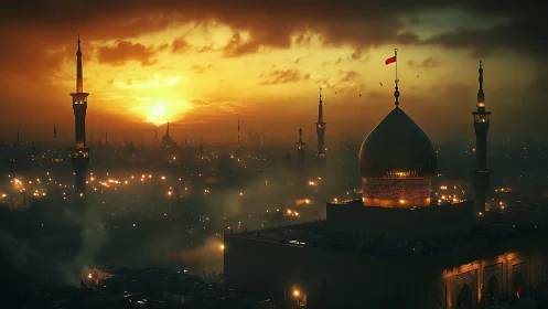 Golden mosque skyline glows softly under a hazy sunset