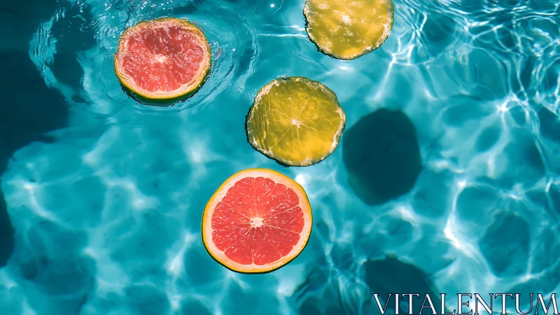 Photoreal citrus slices drifting across sunlit pool surface.