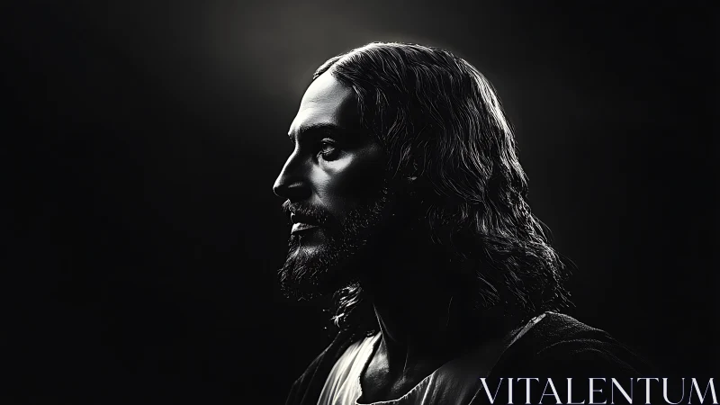 Solitary side-lit portrait of a serene, contemplative figure in shadow