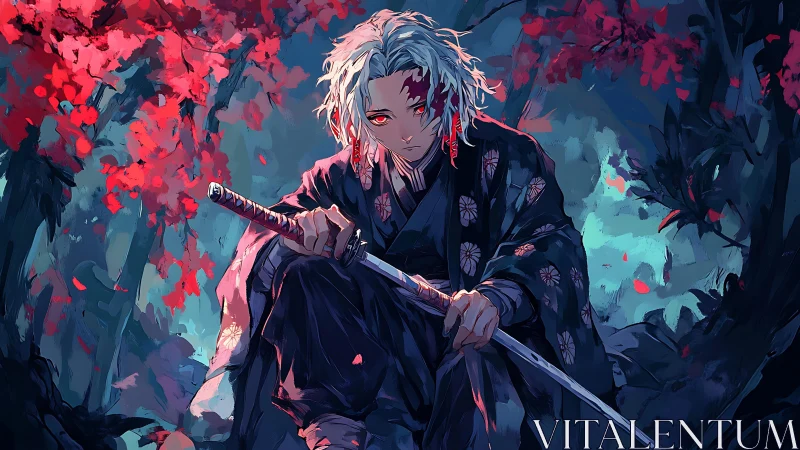 Battle-worn swordsman in patterned haori under crimson foliage