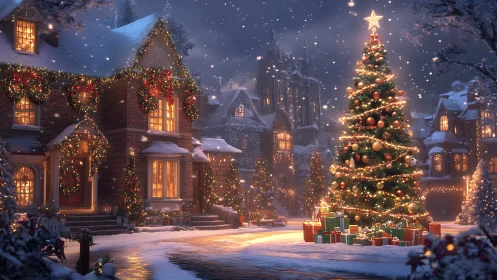 Snowy village square with illuminated Christmas tree and garlanded houses