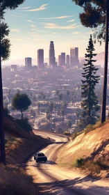 Hilly dirt road descending toward hazy downtown skyline.