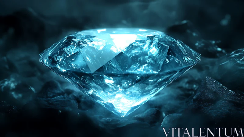 Luminous blue diamond rests on dark misty stones in glow.
